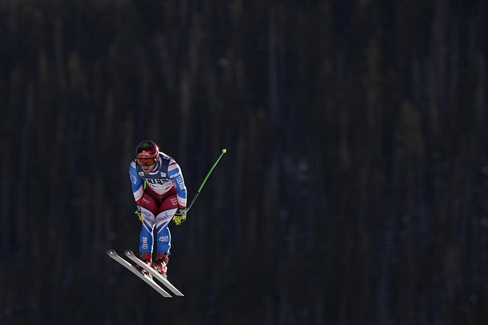 France's Blaise Giezendanner races during a men's World Cup downhill training run Thursday, Dec. 1, 2022, in Beaver Creek, Colo. (AP Photo/John Locher)