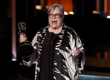 Kathy Bates accepts the award for Outstanding Supporting Actress In A Miniseries Or A Movie for her role in " American Horror Story:Coven" onstage during the 66th Primetime Emmy Awards in Los Angeles, California August 25, 2014. REUTERS/Mario Anzuoni
