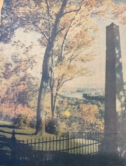A 1970s photograph of the obelisk at Evergreen Cemetery that appeared in the newspaper