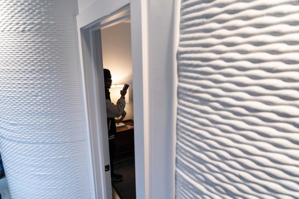 Textured walls inside of Detroit's first 3D-printed house on Sheridan Street on the east side of the city on Thursday, Feb. 22, 2024.