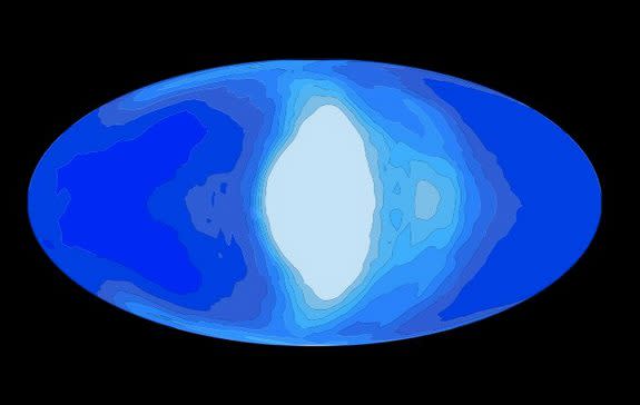 This illustration shows simulated cloud coverage (white) on a tidally locked planet (blue) that would be orbiting a red dwarf star.