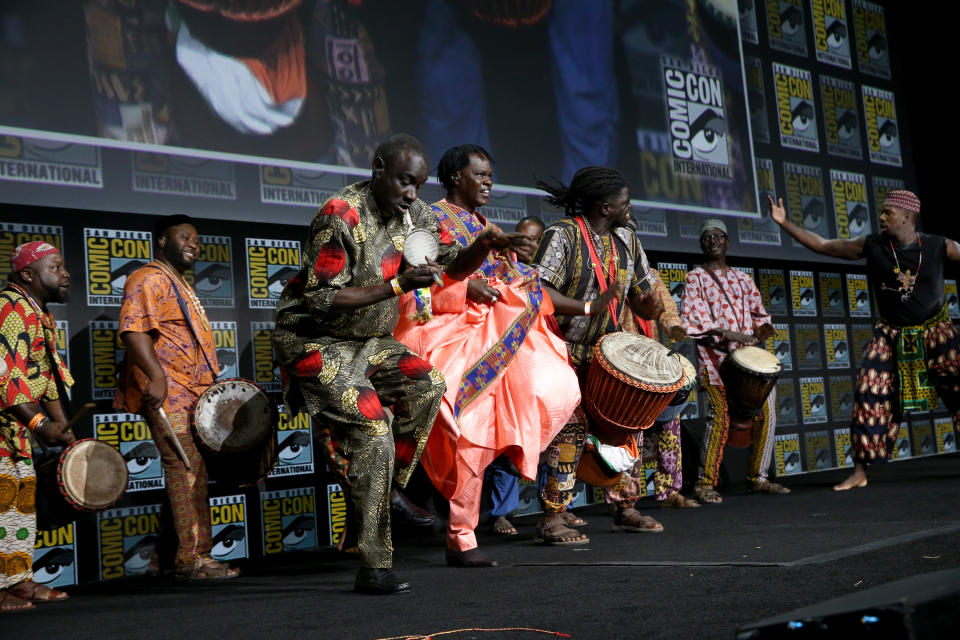 Massamba Diop and Baaba Maal participate in the Marvel Studios’ Live-Action presentation at San Diego Comic-Con. - Credit: Disney/Getty