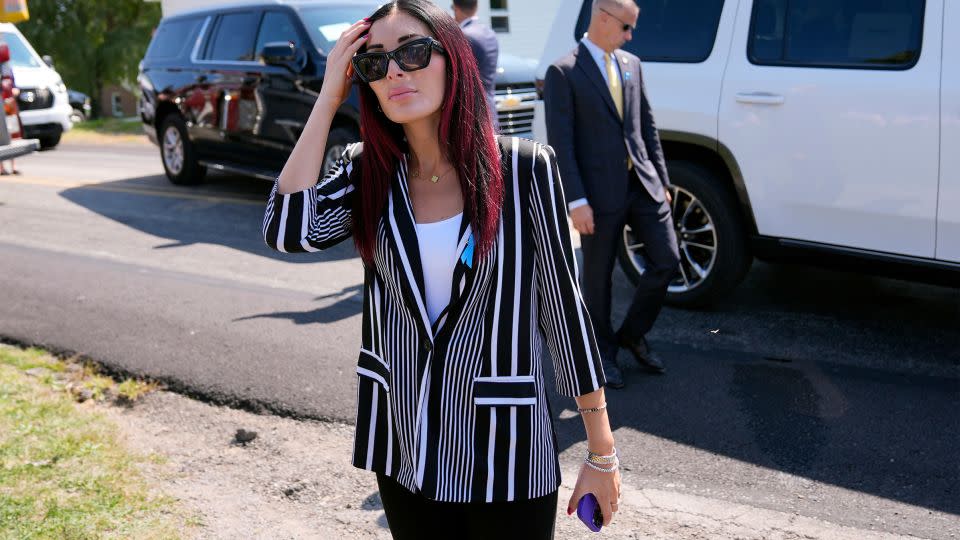 Laura Loomer arrives with former President Donald Trump for a visit to the Shanksville Volunteer Fire Company in Shanksville, Pennsylvania, on September 11, 2024. - Matt Rourke/AP