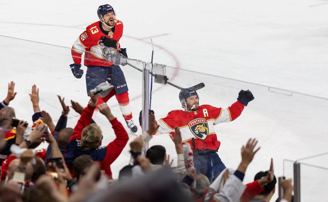 Florida Panthers left wing Matthew Tkachuk (19) and center Sam Reinhart (13) celebrate after scoring a goal against the Carolina Hurricanes in the third period of Game 4 of the NHL Stanley Cup Eastern Conference finals series at the FLA Live Arena on Wednesday, May 24, 2023 in Sunrise, Fla.