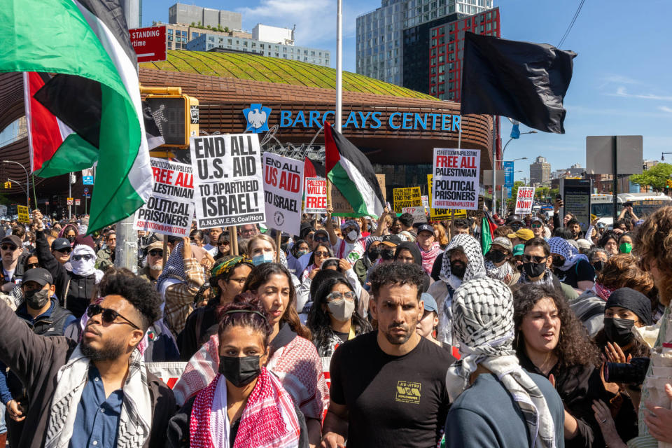 Pro-Palestinian demonstrators outside Barclays Center in Brooklyn, N.Y., on May 11, 2024. (Alex Kent / Getty Images)