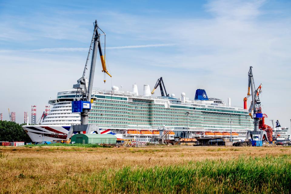 First gas-powered cruise ship docks at Rotterdam Iona, a brand new 184,000 GRT 345 meters long cruise ship, which can carry 5200 passengers. The ship will be docked at Damen Verolme in the Botlek. The ship was built on the Meyerwerft in Papenburg and is now sailing on the Danish coast. The transfer has not yet taken place to P&O Cruises. It is the first LNG powered cruise ship to arrive in Rotterdam. Carnival still has ten LNG powered cruise ships on order. (Photo by Robin Utrecht/SOPA Images/LightRocket via Getty Images)