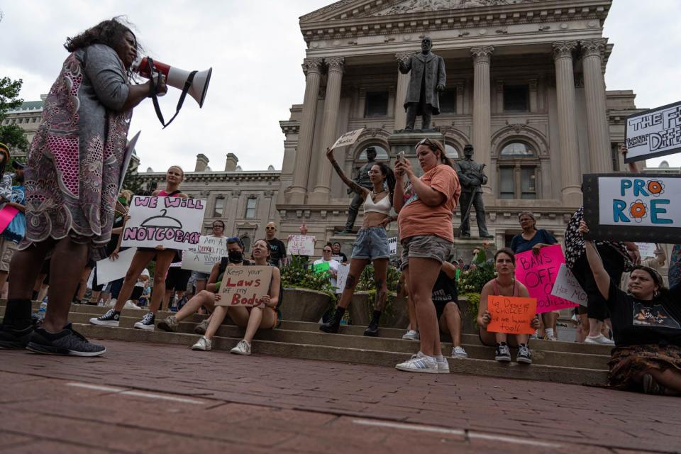 Congressional Candidate Jeannine Lee Lake (D) speaks to Abortion Rights Supporters outside the Indianapolis State House Wednesday, July 6, 2022, in Indianapolis. 