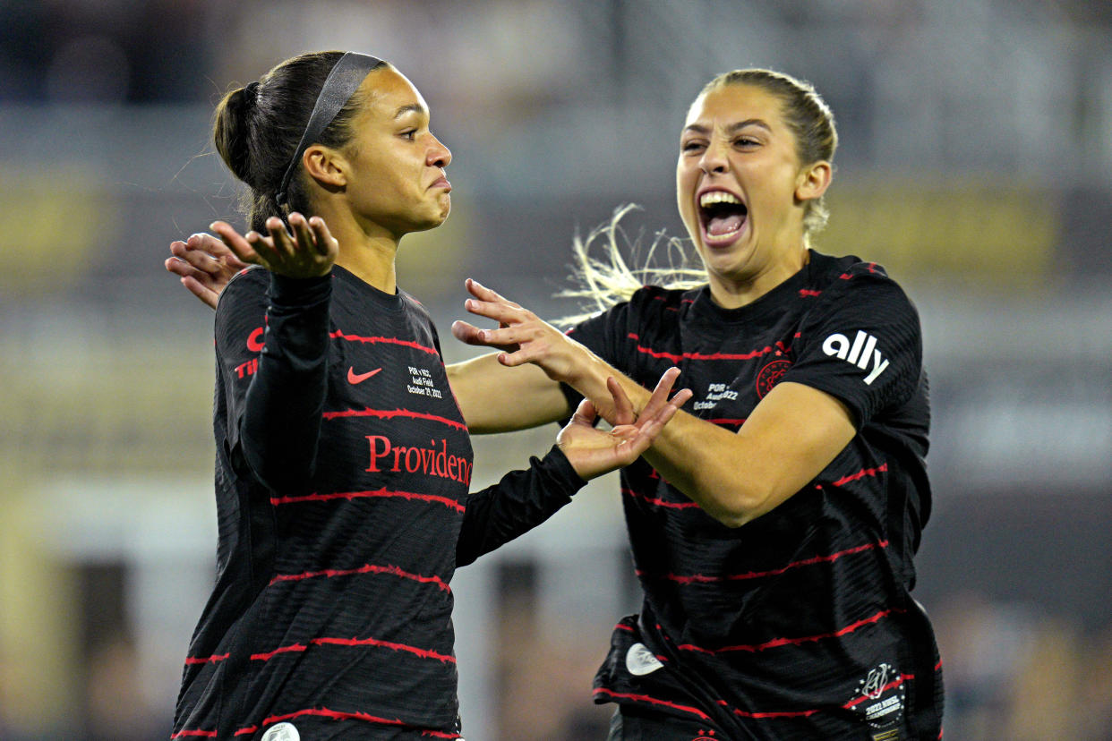 Oct 29, 2022; Washington, D.C., USA; Portland Thorns FC forward Sophia Smith (9) celebrates scoring a goal against the Kansas City Current in the NWSL championship game at Audi Field. Mandatory Credit: Jessica Rapfogel-USA TODAY Sports