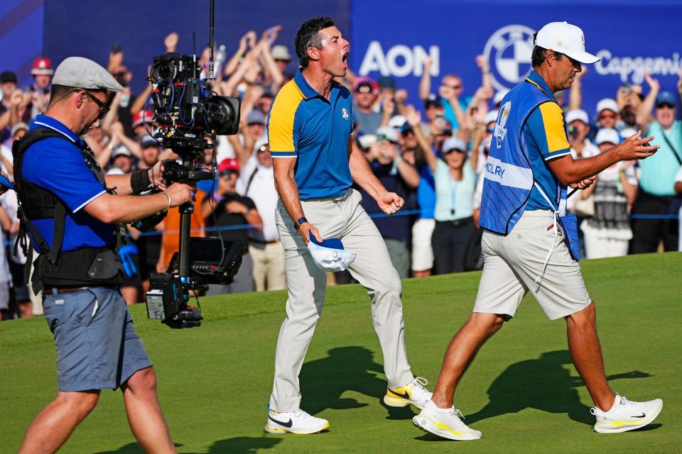 Oct 1, 2023; Rome, ITA; Team Europe golfer Rory McIlroy celebrates after beating Sam Burns during the final day of the 44th Ryder Cup golf competition at Marco Simone Golf and Country Club. Mandatory Credit: Adam Cairns-USA TODAY Sports