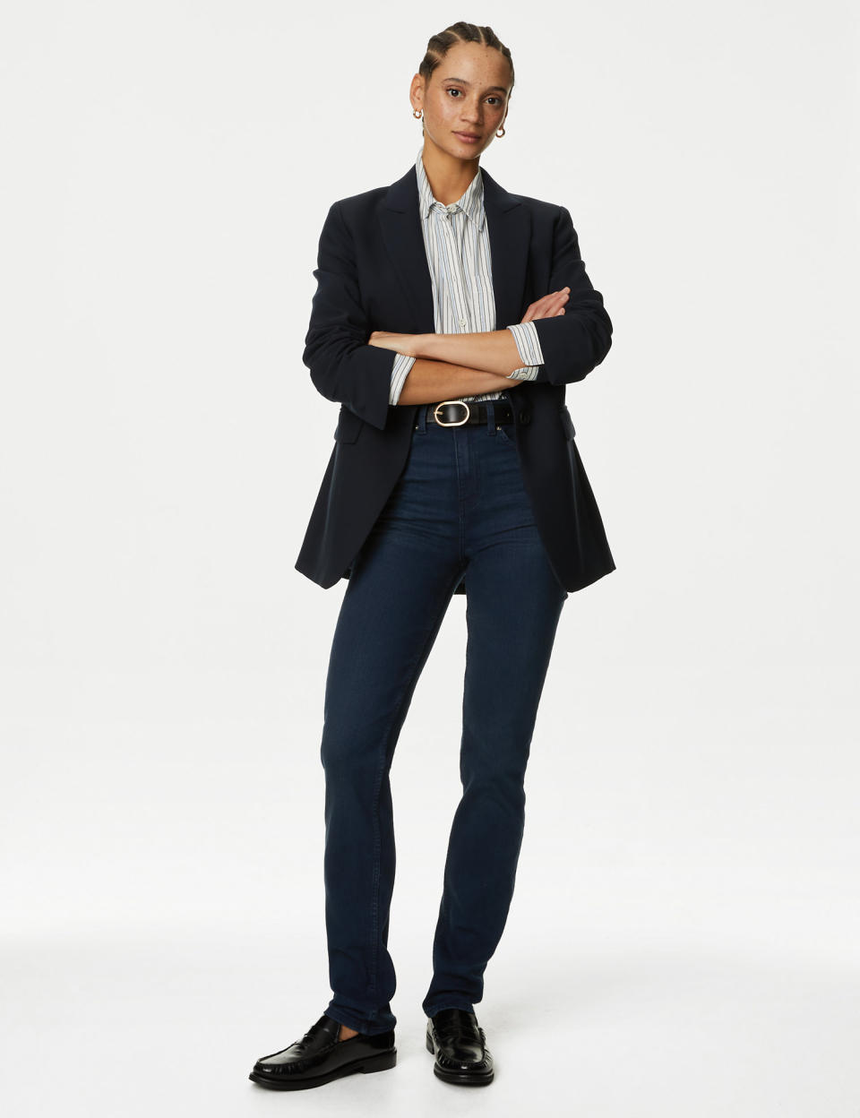 The jeans are easy to dress up with a blazer for the office. (Marks & Spencer) 