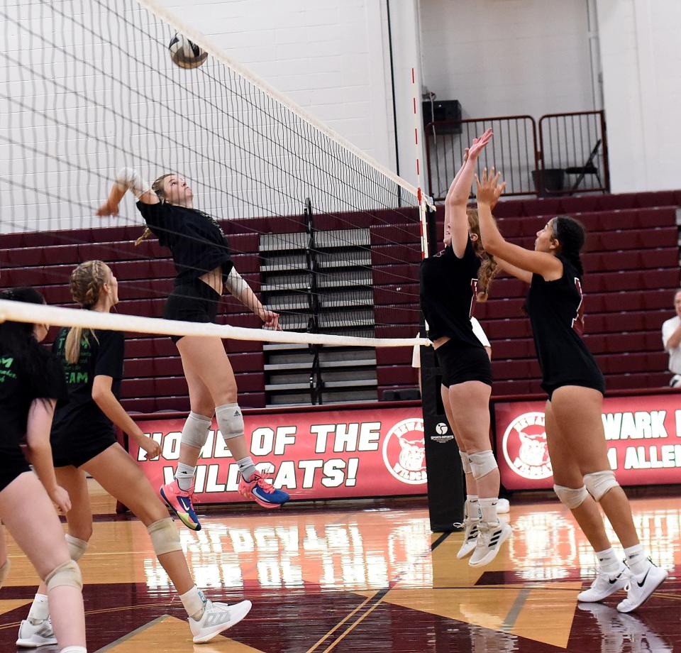 Newark Catholic senior Ava Gummer goes high for a spike against Newark during their scrimmage Thursday in Jimmy Allen Gymnasium. The Wildcats won 3-1.