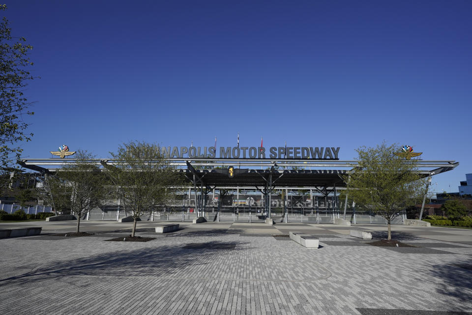 The entrance to the Indianapolis Motor Speedway is empty of fans, Thursday, Aug. 20, 2020, in Indianapolis. (AP Photo/Darron Cummings)