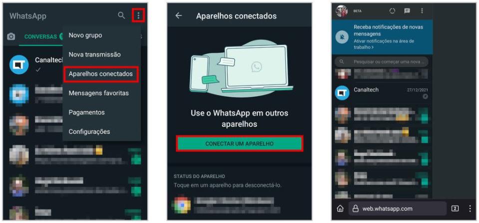 Acesse a aba "Aparelhos conectados" e escaneie o QR Code para usar o WhatsApp Web no celular (Captura de tela: Matheus Bigogno)