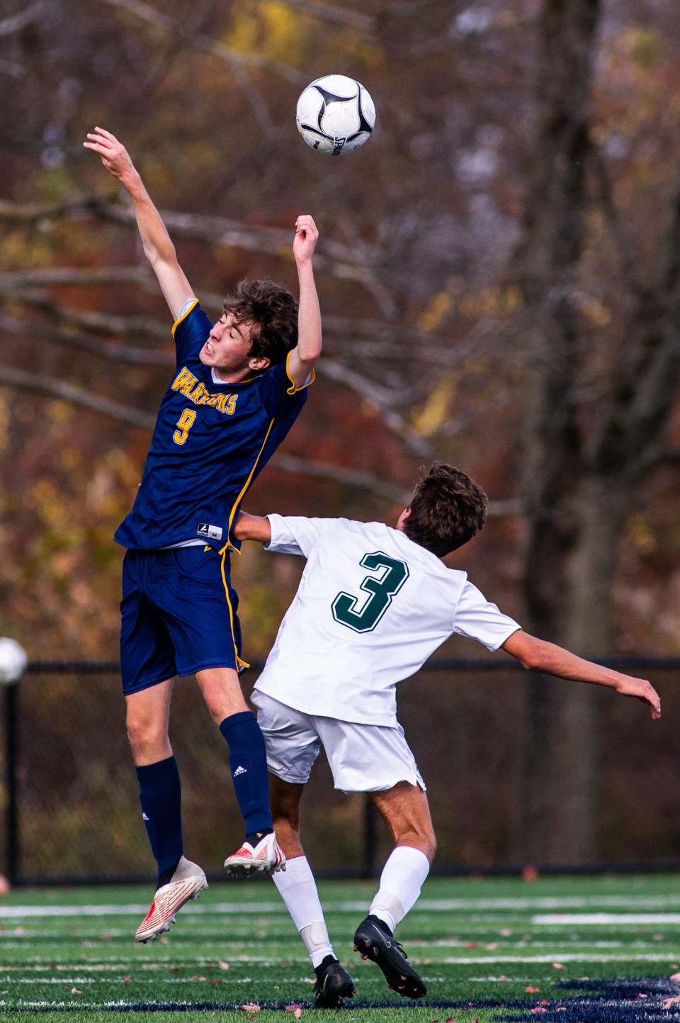 Lourdes' Anthony Geis heads the ball during the boys Class C regional soccer game in Beacon on Saturday, November 5, 2022.