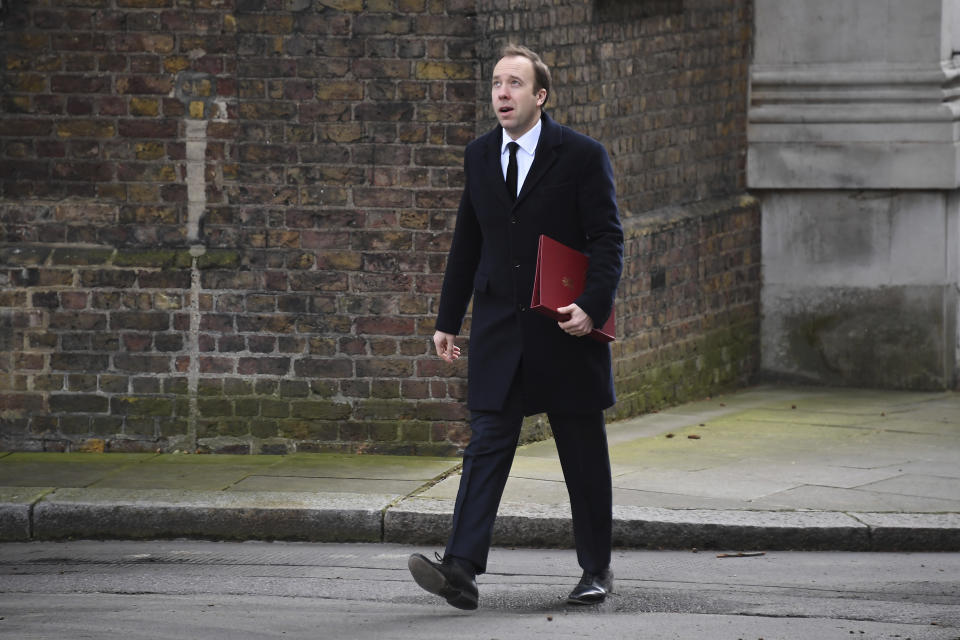 British lawmaker Matt Hancock, the Secretary of State for Health and Social arrives for a Cabinet meeting at 10 Downing Street, in London, Friday, Feb. 14, 2020. British Prime Minister Boris Johnson tightened his grip on the government Thursday with a Cabinet shake-up that triggered the unexpected resignation of his Treasury chief, the second-most powerful figure in the administration. (AP Photo/Alberto Pezzali)