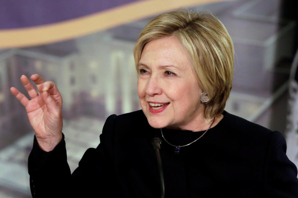 U.S. former secretary of state Hillary Clinton speaks at a reception celebrating the completion of the U.S. Diplomacy Center Pavilion in Washington, U.S., January 10, 2017. REUTERS/Yuri Gripas