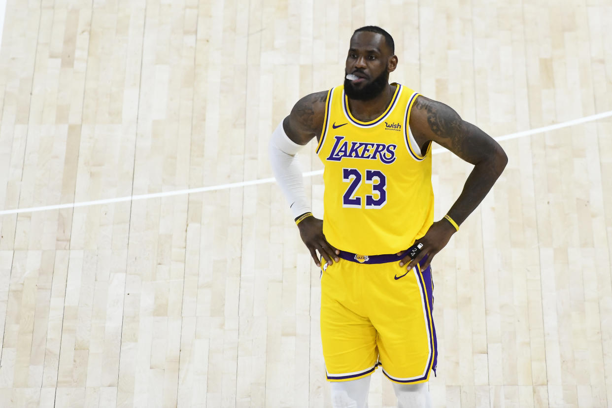  LeBron James #23 of the Los Angeles Lakers in action during a game against the Utah Jazz at Vivint Smart Home Arena on February 24, 2021 in Salt Lake City, Utah. NOTE TO USER: User expressly acknowledges and agrees that, by downloading and/or using this photograph, user is consenting to the terms and conditions of the Getty Images License Agreement.  (Photo by Alex Goodlett/Getty Images)