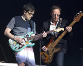 <p>Rivers Cuomo, left, and Scott Shriner of the band Weezer perform on Day 2 of the 2017 Firefly Music Festival at The Woodlands on Friday, June 16, 2017, in Dover, Del. (Photo by Owen Sweeney/Invision/AP) </p>