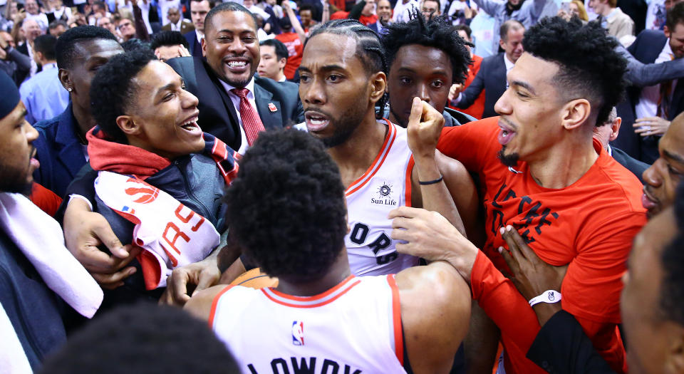 Kawhi Leonard's unbelievable shot to put the Toronto Raptors past the Philadelphia 76ers was the NBA's play of the season.  (Photo by Vaughn Ridley/Getty Images)