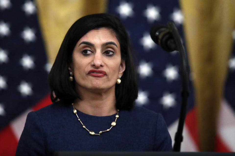 FILE - In this April 30, 2020 file photo Administrator of the Centers for Medicare and Medicaid Services Seema Verma, speaks about protecting seniors, in the East Room of the White House in Washington. The head of the Medicare and Medicaid programs failed to properly manage more than $6 million in communications and outreach contracts, giving broad authority over federal employees to a Republican media strategist she worked with before joining the Trump administration, a government watchdog said in a report to be released Thursday. Seema Verma, administrator of the Centers for Medicare and Medicaid Services, and other agency leaders did not administer the contracts “in accordance with federal requirements,” according to the inspector general at the Department of Health and Human Services. CMS is part of the department. (AP Photo/Alex Brandon)