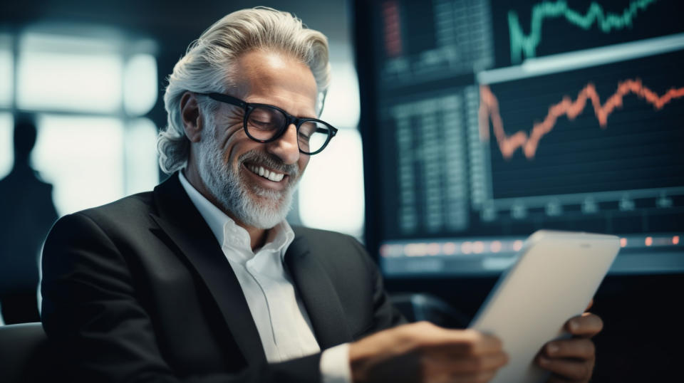 A successful investor smiling confidently, looking over a stock market report.