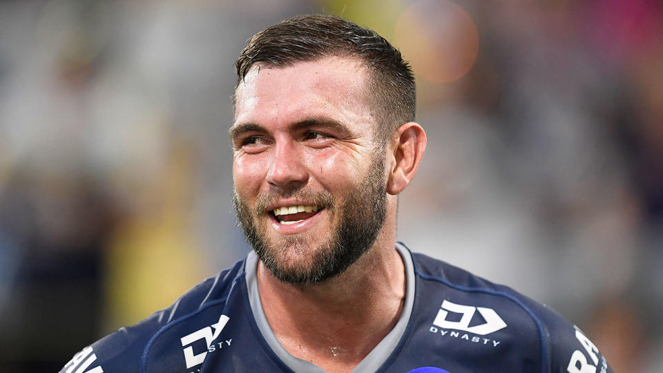 Cowboys winger Kyle Feldt is seen here laughing after an NRL game.