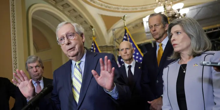 Senate Republicans speak to reporters after their weekly caucus launch on May 3, 2022.