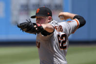 San Francisco Giants starting pitcher Logan Webb throws to the plate during the first inning of a baseball game against the Los Angeles Dodgers Saturday, July 25, 2020, in Los Angeles. (AP Photo/Mark J. Terrill)