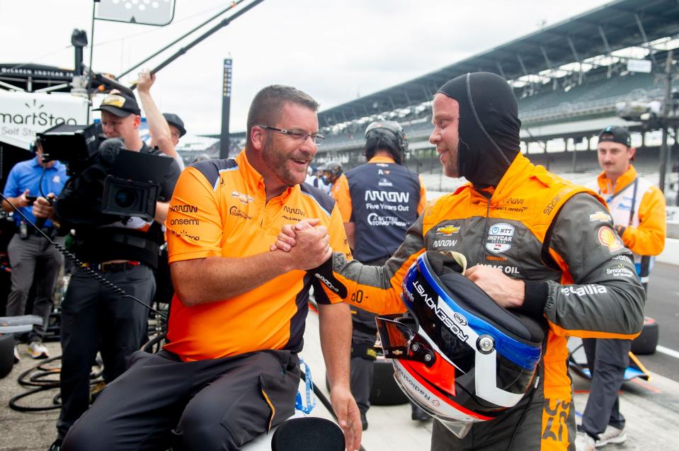 Arrow McLaren SP driver Felix Rosenqvist (6) is congratulated Friday, May 12, 2023, qualifying second for the GMR Grand Prix at Indianapolis Motor Speedway. 