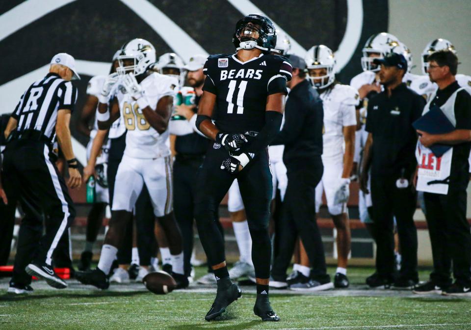 Missouri State Bears linebacker Dallas Winner-Johnson (11) celebrates after making a sack on the Lindenwood Lions at Plaster Stadium on Saturday, Sept. 14, 2024.