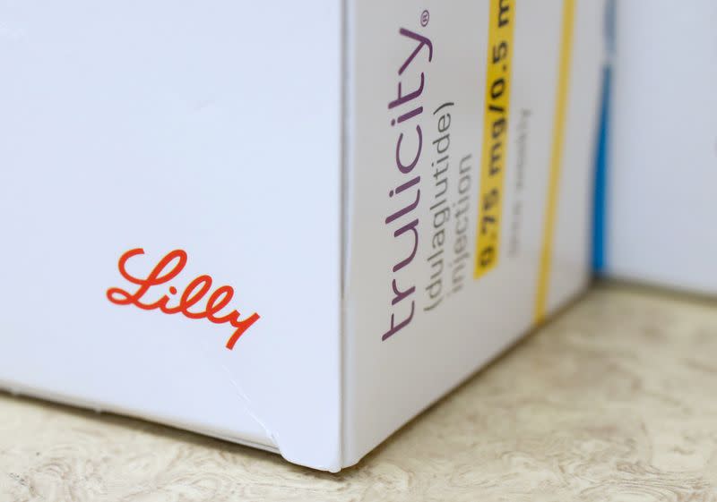 A box of the drug trulicity, made by Eli Lilly and Company, sits on a counter at a pharmacy in Provo