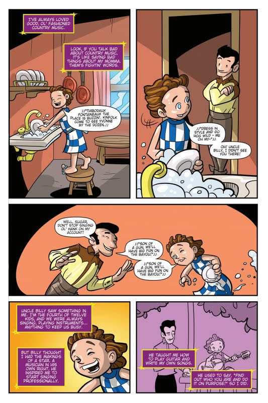 An image shows a page from a TidalWave Comics' comic book based on life of singer Dolly Parton, with planned release date March 31, 2021