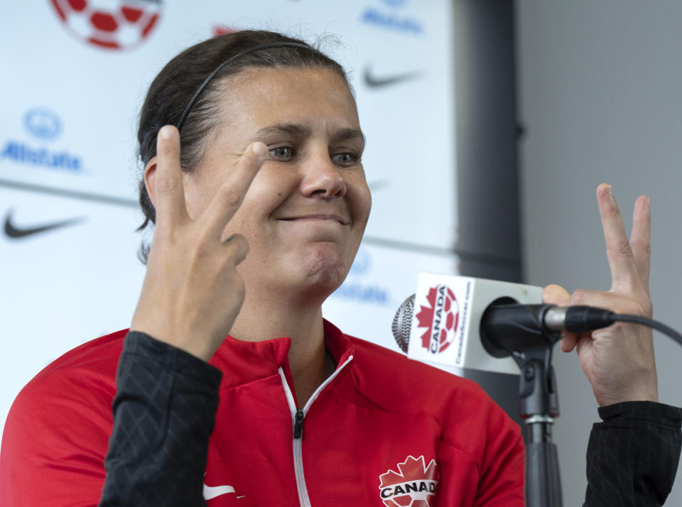 Canada's national women's soccer team captain Christine Sinclair gestures as she speaks to the media for the first time since announcing her retirement, Thursday, Oct. 26, 2023, in Montreal. (Ryan Remiorz/The Canadian Press via AP)