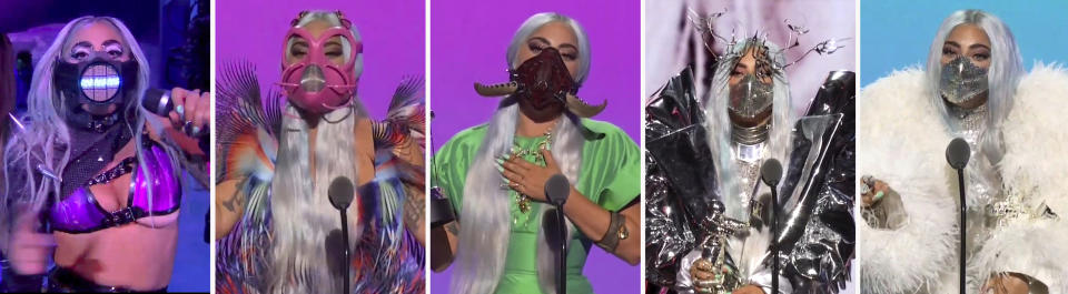 This combination photo of video grabs by MTV, issued Sunday, Aug. 30, 2020, shows Lady Gaga wearing masks during the MTV Video Music Awards. (MTV via AP)