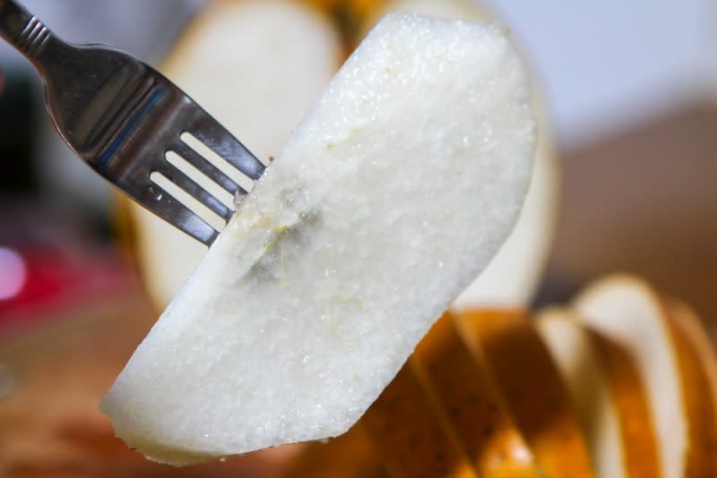 Close up of a slice of pear