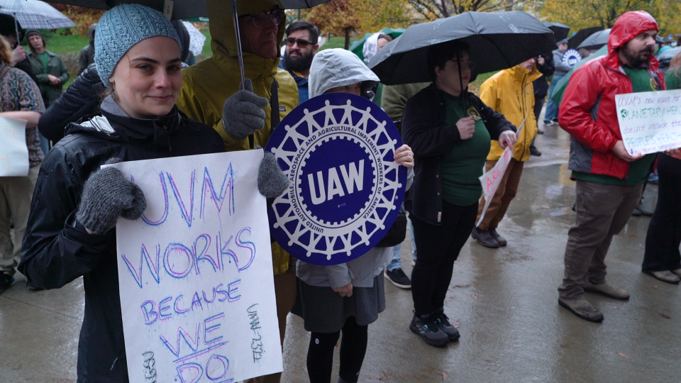 On Oct. 30, 2023, University of Vermont graduate student workers braved the cold rain to rally on campus in support of a union.