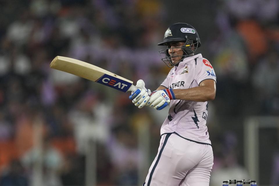 Gujarat Titans' Shubman Gill plays a shot during the Indian Premier League cricket match between Gujarat Titans and Sunrisers Hyderabad in Ahmedabad, India, Monday, May 15, 2023. (AP Photo/Ajit Solanki)