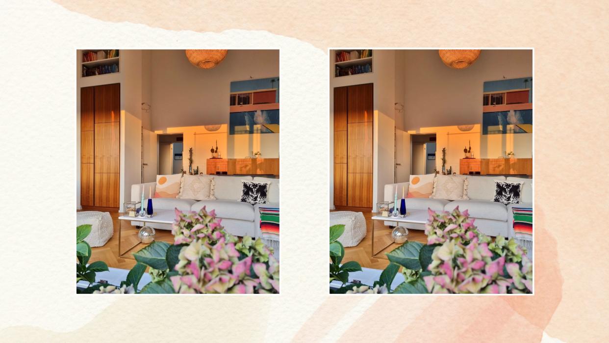  Two pictures of a warm apartment living room on a watercolor background 