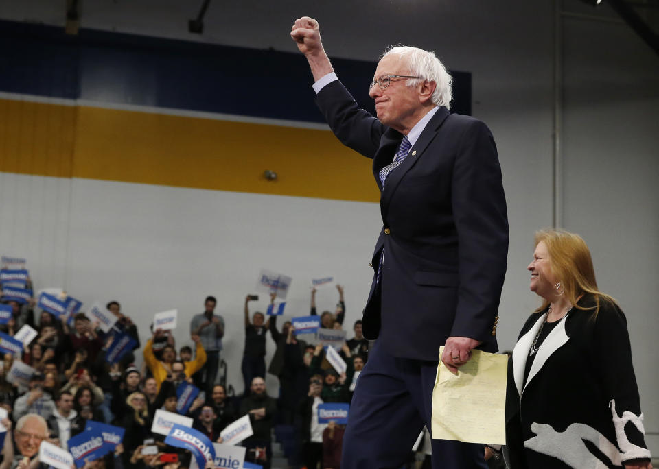 Sen. Bernie Sanders (I-Vt.) celebrates his New Hampshire primary win on Tuesday. A Nevada union's negative portrayal of his health care plan sparked a verbal brawl on Wednesday. (Photo: Jessica Rinaldi/Boston Globe/Getty Images)