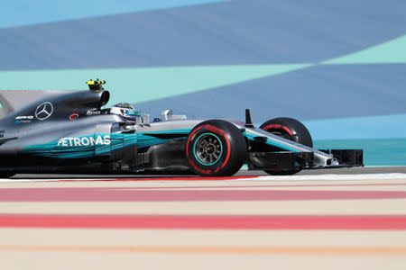 Formula One - F1 - Bahrain Grand Prix - Sakhir, Bahrain - 15/04/17 - Mercedes Formula One driver Valtteri Bottas of Finland drives during the third practice session. REUTERS/Hamad I Mohammed