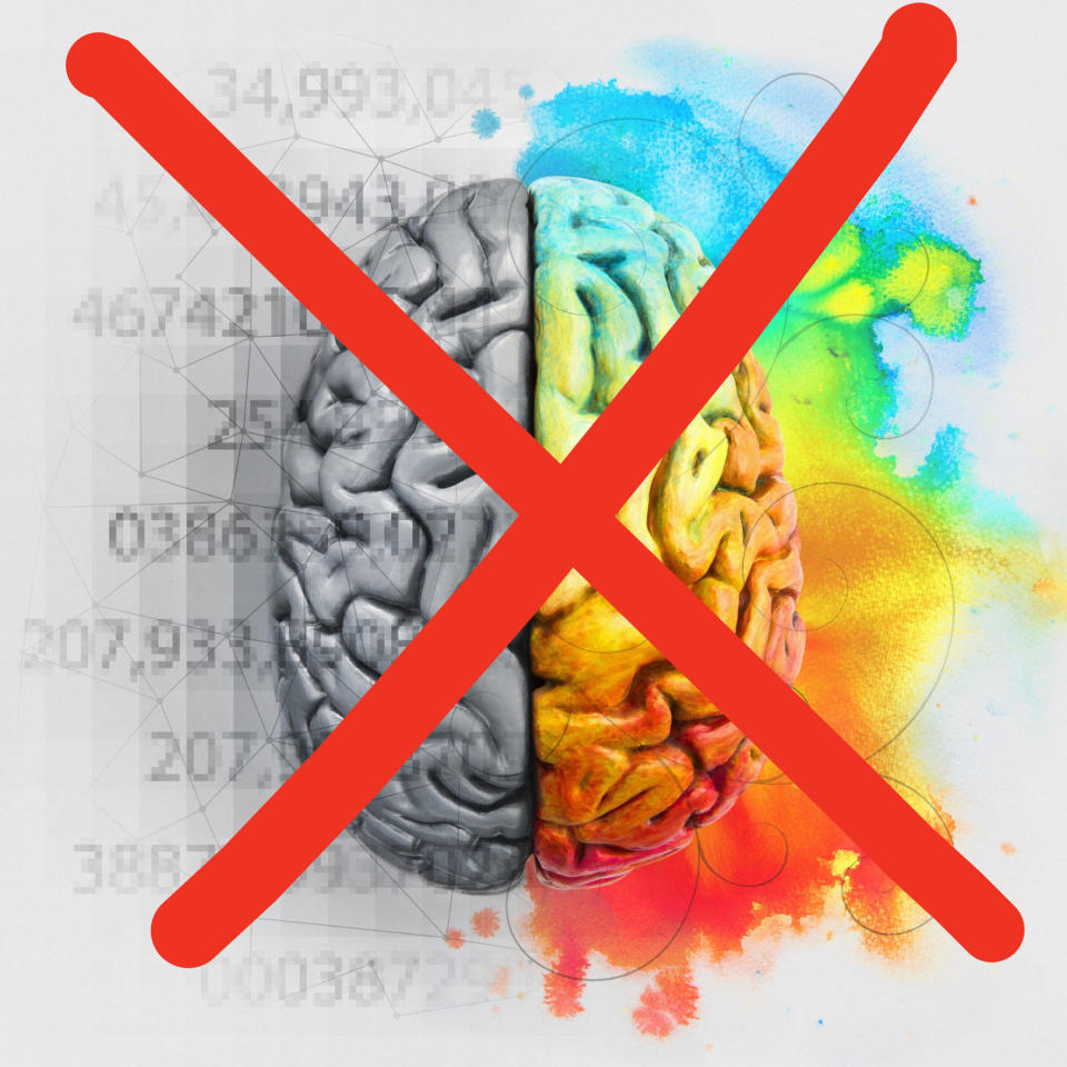 A contrasting image of the left and right brains is crossed out