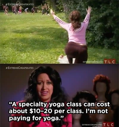 A woman watching a yoga class from afar and mimicking what they're doing