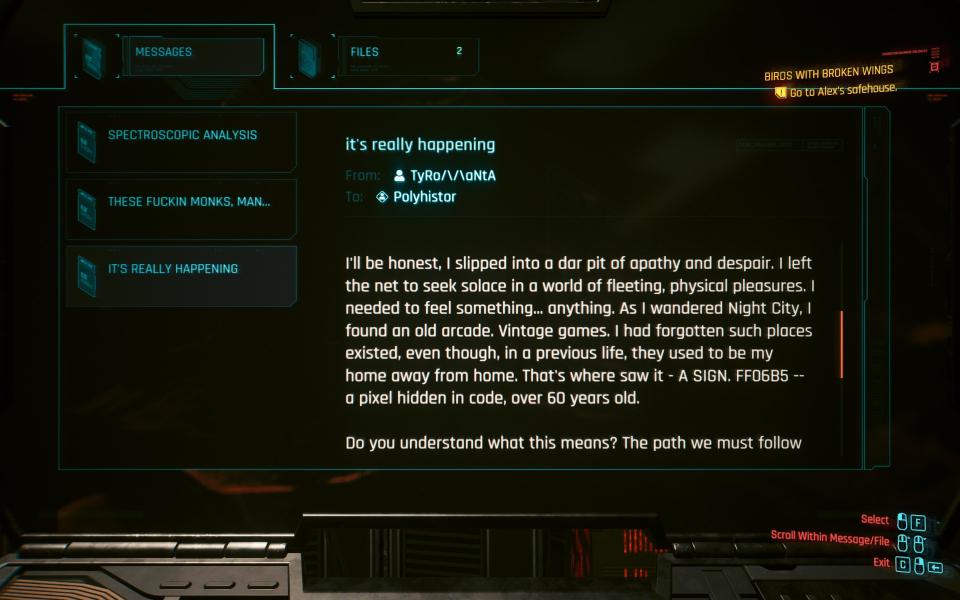 An email in Cyberpunk 2077 which includes mention of FF06B5, an ongoing three-year mystery in the community.