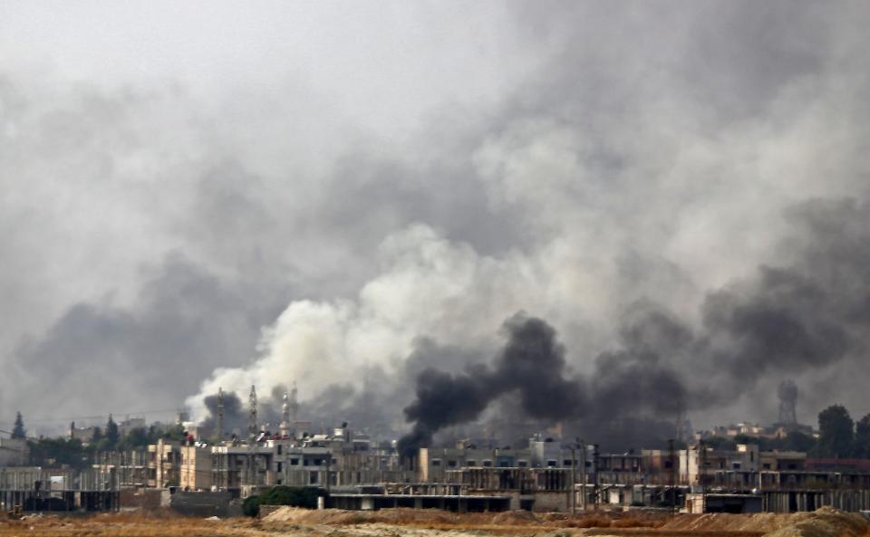 The Syrian border town of Ras al-Ain on Oct. 16, 2019, during the ongoing assault by Turkey and its allies on Kurdish-held towns in northeastern Syria.