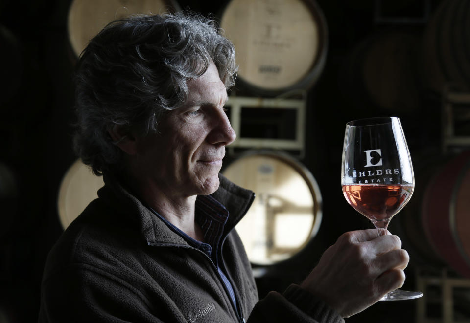 In this photo taken Monday, Jan. 7, 2013 winemaker Kevin Morrisey looks over a sample of Rose from a barrel at Ehler's Estate in St. Helena, Calif. Proceeds from the winery's sales go to the Leducq Foundation which continues to award over $30 million annually to directly support international cardiovascular research. (AP Photo/Eric Risberg)