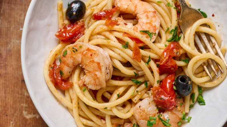 shrimp puttanesca in a bowl