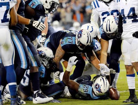 Oct 16, 2017; Nashville, TN, USA; Tennessee Titans running back DeMarco Murray (29) celebrates with teammates after scoring during the second half against the Indianapolis Colts at Nissan Stadium. Mandatory Credit: Christopher Hanewinckel-USA TODAY Sports