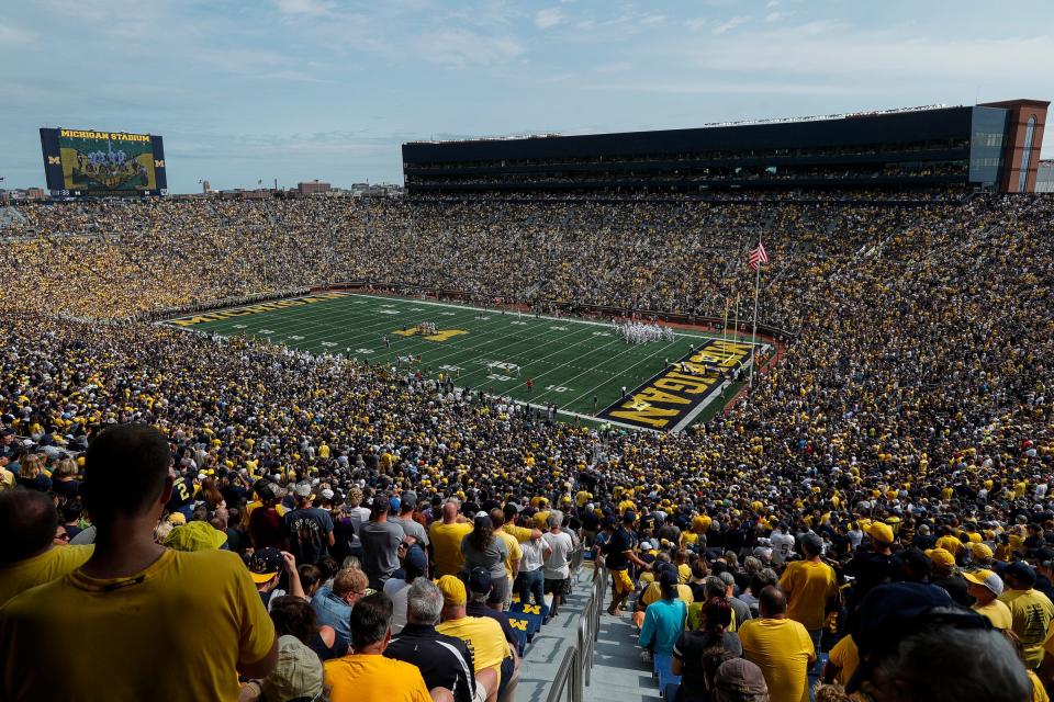 Fans cheer on before kickoff of a game between Michigan and Western Michigan at Michigan Stadium in Ann Arbor on Saturday, Sept. 4, 2021.