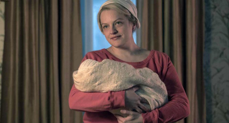 Elisabeth Moss in a scene from The Handmaid’s Tale (Credit: AP via AAP)