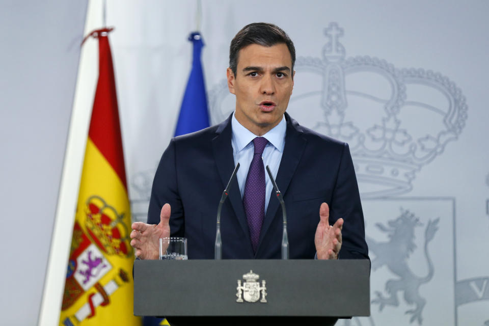 Spain's Prime Minister Pedro Sanchez delivers a statement at the Moncloa Palace in Madrid, Spain, Monday, Feb. 4, 2019. Sanchez told reporters "we are working for the return of full democracy in Venezuela", as Spain, France, and Sweden join countries that have recognized Venezuelan opposition leader Juan Guaido as the nation's interim president. (AP Photo/Andrea Comas)